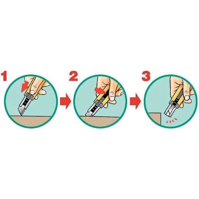 Illustration i tre trin af, hvordan man fjerner klammer med Olfa SK-9 sikkerhedskniv, der viser processen.