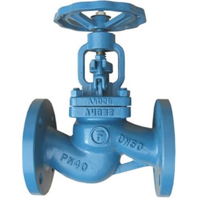 Blå flange sædeventil med håndhjul, lavet af GG25 hus og 304 disc, PN 40bar, byggelængde 150mm.