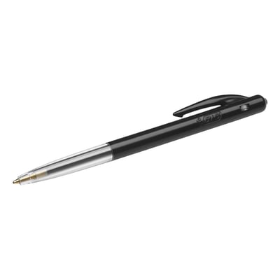 Sort Bic Clic kuglepen med trykmekanisme og gennemsigtig blæktank, isoleret på hvid baggrund.