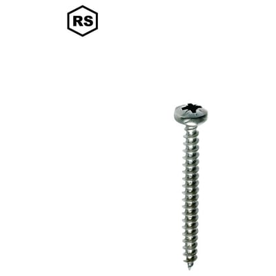 Spånpladsskrue med panhoved, rustfrit stål A2, TX25 kærv, 6,0x25 mm, vist enkeltvis på hvid baggrund med logo øverst til venstre.