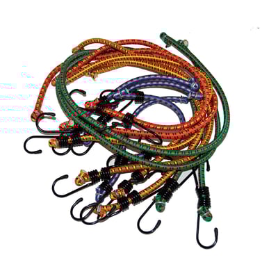 Et bundt af 12 assorterede Cargofix bagagestropper i farverne rød, grøn og blå med sorte metal kroge.