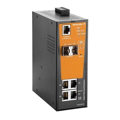 Weidmüller IE-SW-AL06M-4GTPOE-2GESFP industriel switch med fire RJ45-porte og to fiberporte, set forfra og fra siden.
