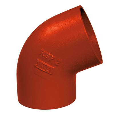 SML støbejernsbøjning i rød med 70° vinkel og 100 mm diameter, præget med 'RSP 2' og 'DIMEL'.