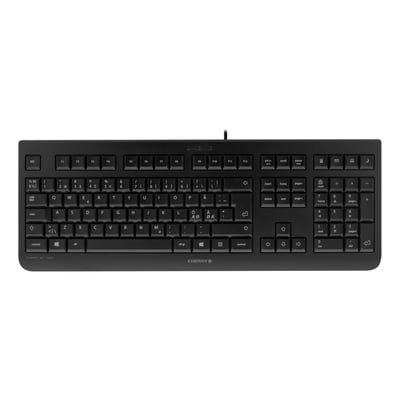 Sort Cherry KC1000-multimedietastatur i fuld størrelse med kabel og numerisk tastatur; vist med tysk layout, men produktet har nordisk.