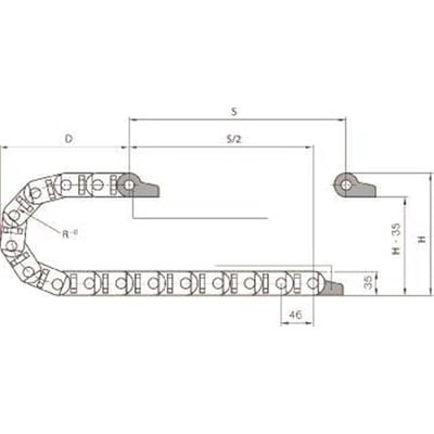 Detaljeret teknisk illustration af Igus kabelkæde type 2400, der viser dens horisontale anvendelse og specifikke mål for højde og bredde.