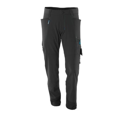 Mascot industribukser 17279 i sort stretchstof, størrelse 82/C46, med flere lommer og blå syninger.