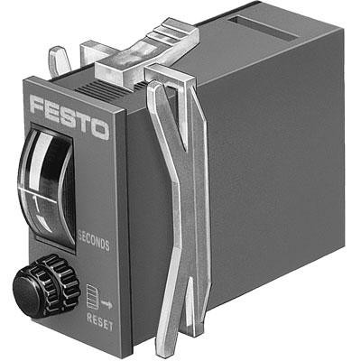 Festo Timer PZVT-3-SEC, et tidsrelæ med drejeknap og indikator for sekunder og reset-funktion på mørk baggrund.