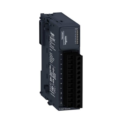 Schneider Electric Modicon TM3 udvidelsesmodul set skråt forfra, med tydelige nummererede udgange og skrueklemmer.