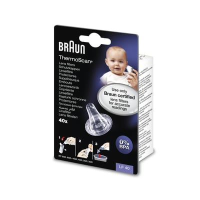Braun ThermoScan linsefiltre pakke, vist fra siden, med flere sprog og produktinformation trykt på emballagen.