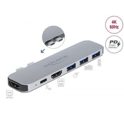 DeLock Docking Station til MacBook med Dual HDMI 4K, PD, USB-C og tre USB-A porte i grå aluminium.