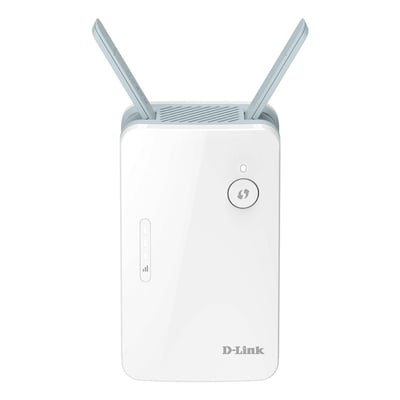 D-Link E15 AX1500 mesh-rækkeviddeforlænger fra Eagle Pro AI med to antenner, signalindikator og knap på fronten.
