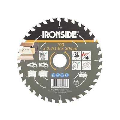 Ironside rundsavklinge på 190 mm til træ med søm og 36 tænder, set forfra med trykt mærkning på klingen.