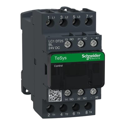Schneider Electric TeSys D kontaktor LC1DT25BL med 24VDC spole, 4-polet, 25A, vist fra siden med tydelige terminaler og mærkning.