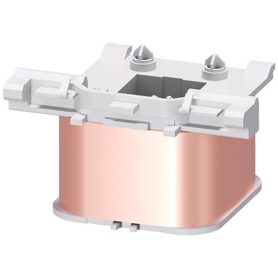 Siemens magnetspole 3RT2 S2 med 230V 60Hz spole i kobberfarve og hvidt plastmonteringsbeslag.