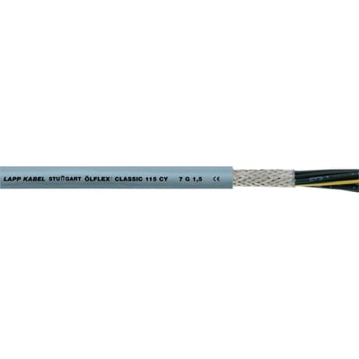 Lapp Kabel Olflex Classic 115 CY 7G 1,5 kabel med grå yderskal og synlig fletning samt farvekodede ledere indeni.