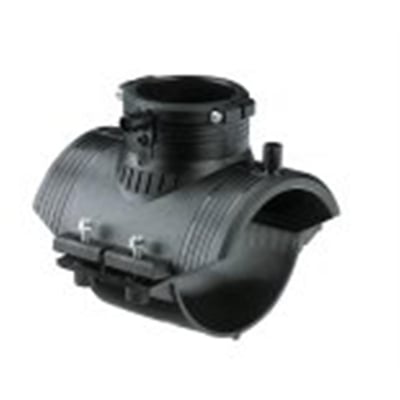 Georg Fischer ELGEF Plus anboringsbøjle i sort PE100, SDR11, PN16, 110x110 mm, med synlig snap-lukning og tilslutningsstuds.