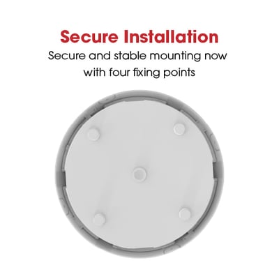 Undersiden af Ansell Lighting Disco Evo 1 plafond med fire monteringspunkter, der viser sikker og stabil installation.