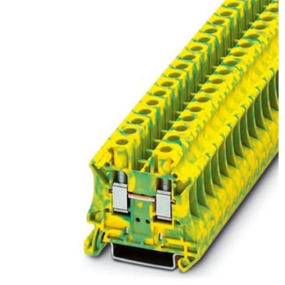 Nærbillede af Phoenix Contact UT jordklemme, der viser dens grøn/gule design og skruetilslutningsmekanisme på hvid baggrund.