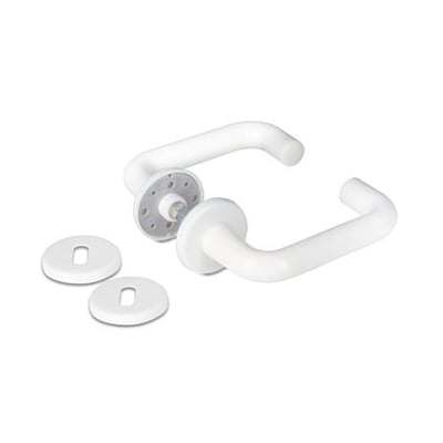 Jasa Company Dørgreb Merkur Ø22 mm i hvid plast med to rosetter på hvid baggrund.