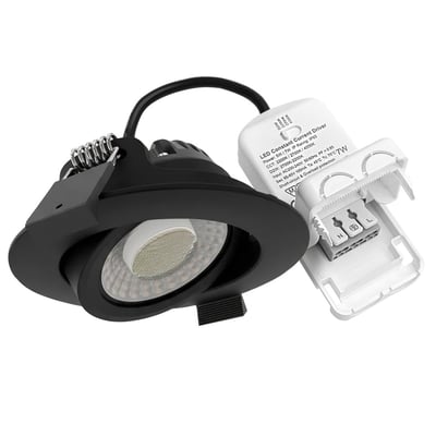LEDlife Dim2Warm+CCT RA96 indbygningsspot i sort aluminium med tilhørende driver, vist fra siden.