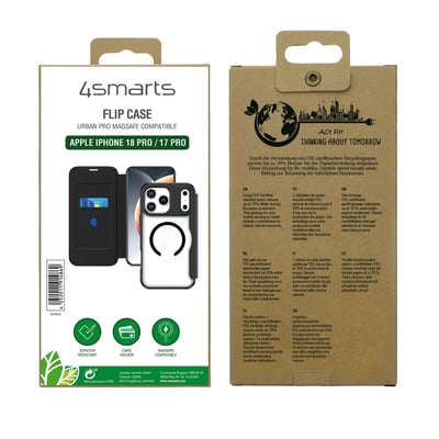 Emballagen viser det sorte 4smarts Urban Pro-flipcase til Apple iPhone 18 Pro og 17 Pro samt et billede af etuiet.