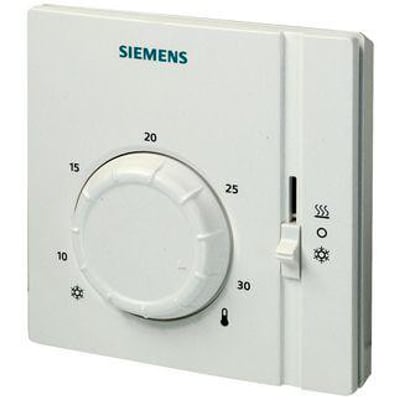 Siemens RAA41 elektromekanisk rumtermostat med drejeknap til temperaturindstilling og vælger til varme, sluk og køling.