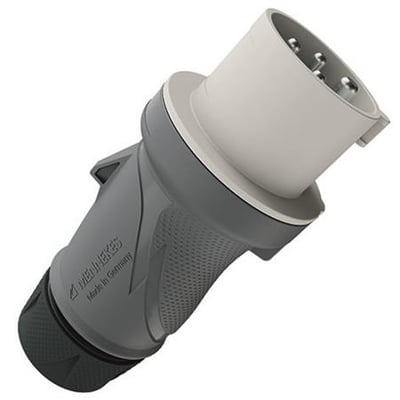 Mennekes PowerTOP Xtra R CEE-stikprop på 32 A med fire poler, hvidt stik og gråt greb, set skråt forfra.