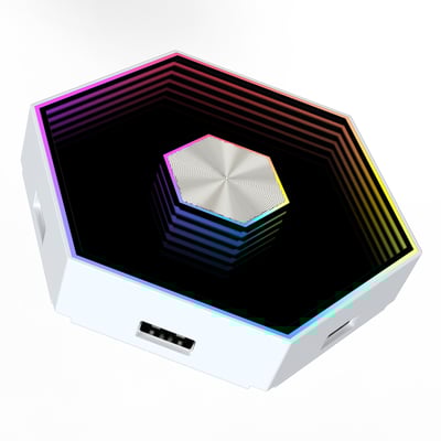 LEDlife RGBIC Hexagon Infinity væglampe, vist med flerfarvet belysning og sølvfarvet knop i midten på hvid baggrund.