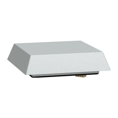 Isoleret billede af en grå Schneider Electric tophætte for ventilation med et firkantet design.