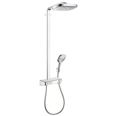 Detaljeret billede af Hansgrohe RD Select E 300 3jet showerpipe, med fokus på termostatkontrol og Select-knapperne.
