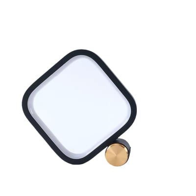 Firkantet RGBIC lampe set fra toppen med et tomt, hvidt lysende felt indeni og sort ramme samt gylden drejeknap.