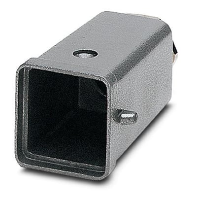 Bagfra af Phoenix Contact stikhus i gråt aluminium, viser den firkantede åbning til montering.