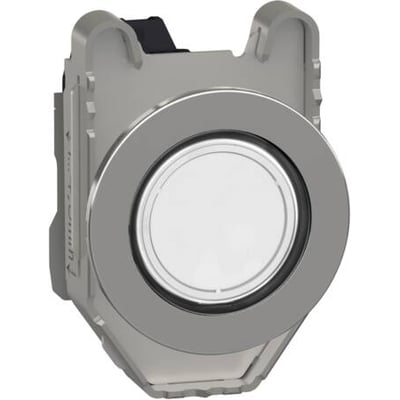 Schneider Electric signallampe flush XB4F med hvid LED lys og metalfront på isoleret baggrund.