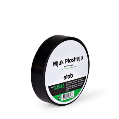 Sort blød PVC tape fra etabs, 25mm bred og 20m lang, præsenteret på en hvid baggrund.
