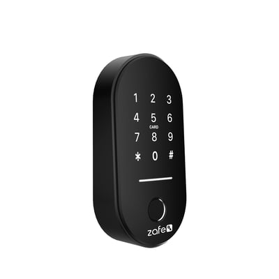 Sort Zafe Reader BLE trådløst kodetastatur med app-styring, vist skråt forfra med talfelter, kortmarkering og rund knap.