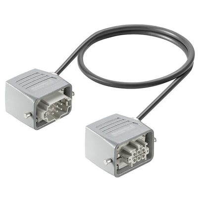 Weidmüller-kabel til transmission af elektrisk energi med gråt kabel og to rektangulære stikender med metalhuse.
