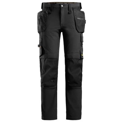 Front af Snickers AllroundWork Full Stretch arbejdsbukser i sort med hylsterlommer og synlige CORDURA forstærkninger.