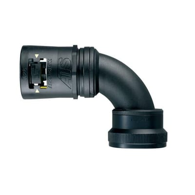 Sort Thomas & Betts Adaptalok ATS-albuefitting med 90 graders bøjning og gule detaljer, til 28 mm rør.