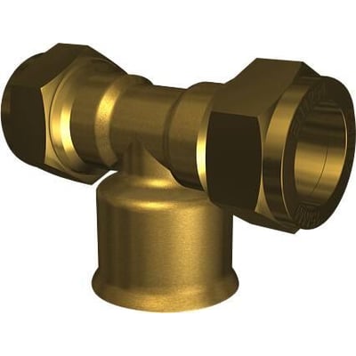 Tee-stykke i messing med MP-kompression, 15-1/2-15 mm, med muffe til rørinstallation.