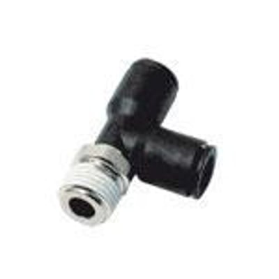 Parker T-stykke 6 mm R1/4 3103 med udvendigt BSPT gevind, fremstillet af sort teknisk polymer.