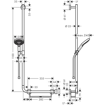 Teknisk tegning af Hansgrohe håndbruserarrangement med alle mål og dimensioner angivet, viser systemets opbygning.