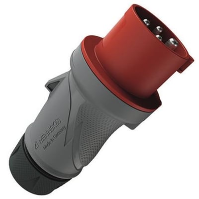 Mennekes PowerTOP Xtra R CEE-stikprop, 16 A og 4-polet, med rød og grå krop set skråt.