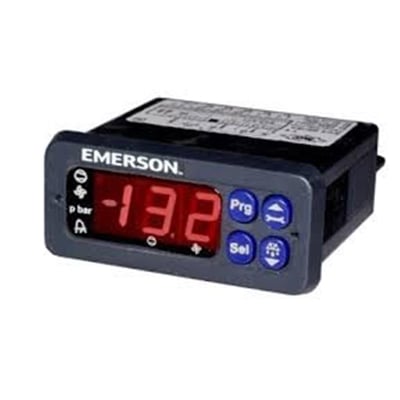 Display og betjeningspanel ECD-002 med 24 V strømforsyning, Emerson-logo, rødt taldisplay og blå betjeningsknapper.
