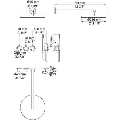 Teknisk tegning af Vola indbygningstermostat med mål på hovedbruser, arm og håndbruser samt monteringsdetaljer.