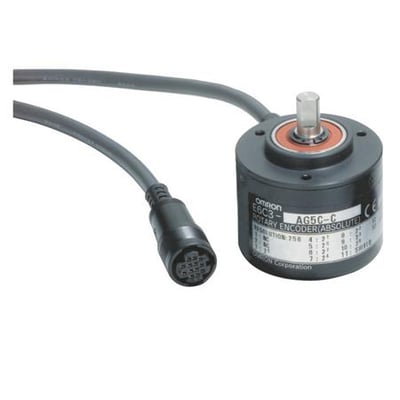 Omron E6C3-AG5C-C absolut encoder med 360P/R og 2 meter kabel, viser NPN åben kollektorudgang og 9-bit opløsning.
