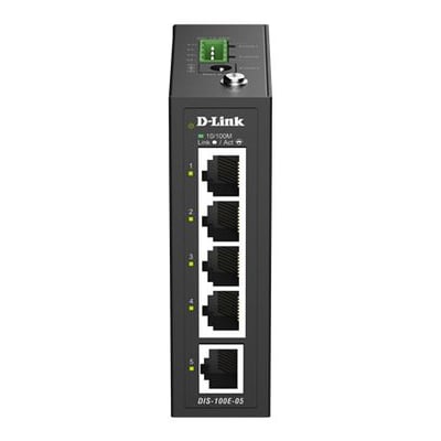 D-Link DIS-100E-05 industri-switch i sort med fem Ethernet-porte, vist forfra med porte og indikatorer.