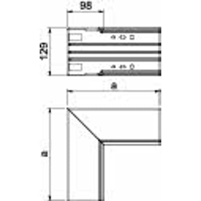 Teknisk tegning af OBO Bettermann indvendigt hjørne, viser dimensioner 100 mm og 130 mm for WDK-kanaler.