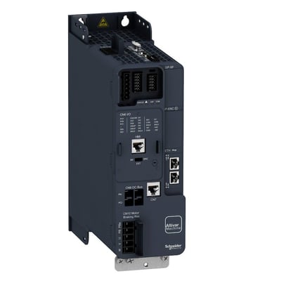 Nærbillede af Schneider Electric ATV340 frekvensomformer, der viser tilslutningsporte for Ethernet, I/O og DC Bus samt mærkninger.
