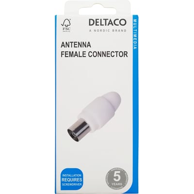 Emballagen til Deltaco forniklet hun-antennestik med 75 Ω og IEC 169-2 viser en tegning af stikket.