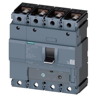 Siemens 4-polet maksimalafbryder 3VA1 IEC, frame 250, med synlig betjeningshåndtag og justeringsknapper for overstrømsbeskyttelse.